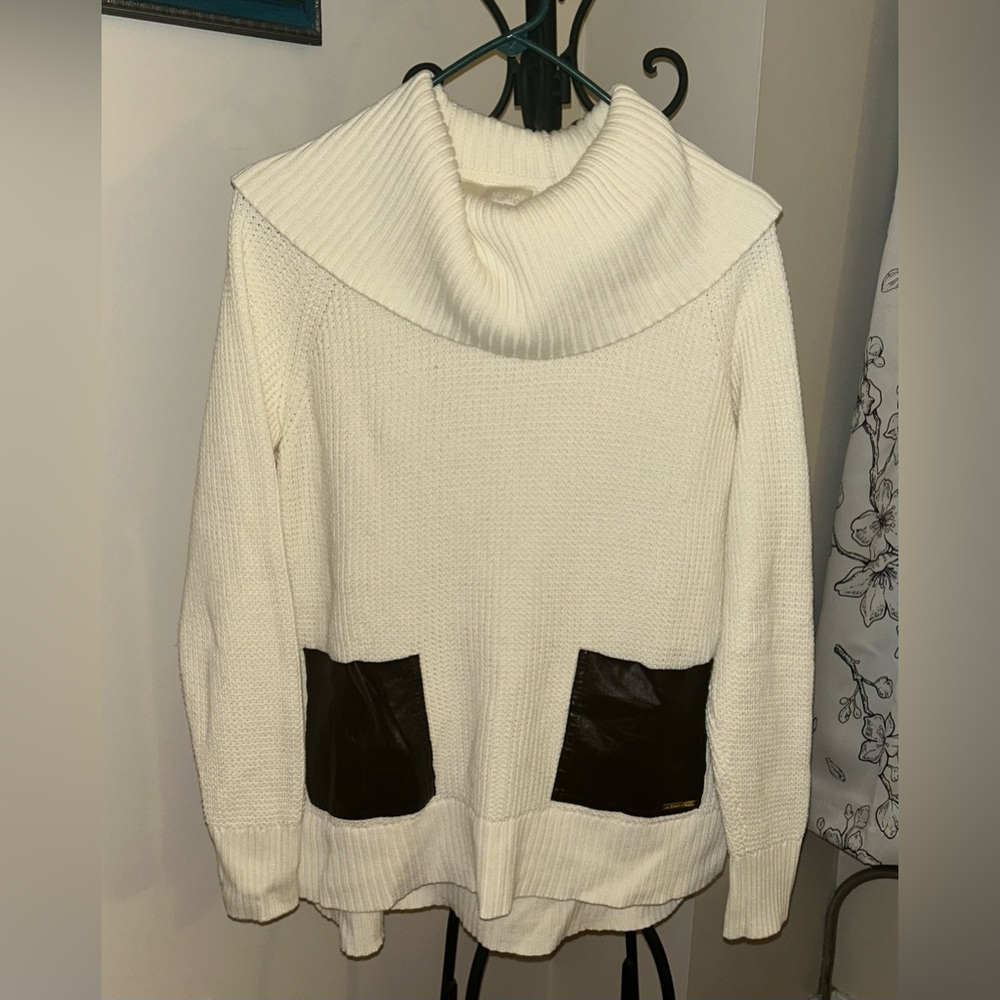 Michael Kors cowl neck cream sweater with brown leather-like pockets. Size M.